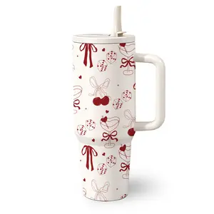 1 Pc 40 Oz Stainless Steel Water Cup with Handle and Straw, Cherry Bow Heart and Dice Pattern Design, Double Wall Insulated Thermal Mug, Hot 12H/ Cold 24H, Romantic Style Drinkware, Perfect for Valentine’s Day, Birthday and Gifts for Girlfriend or Best Fr