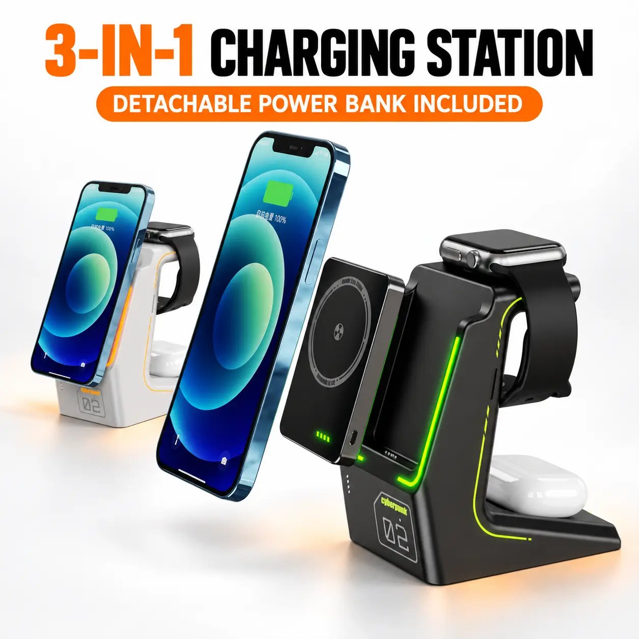 METABUNNY 2201 3-in-1 Magnetic Wireless Charging Station with Detachable 5000mAh Power Bank for iPhone, Apple Watch & AirPods, Black/White