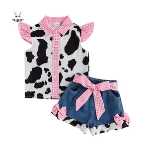 0-6Y Toddler Girl Sweet Casual 2Pcs Set, Pink Cow Print Fly Sleeve Shirt & Denim Shorts Summer Outfit