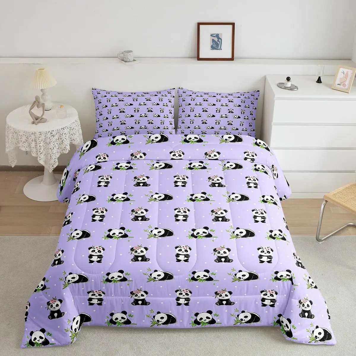 Kawaii Panda Comforter Set,Cute Panda Print Bedding Set,Cartoon Animals Purple Down Comforter All Season,Room Decor,Soft and Breathbale