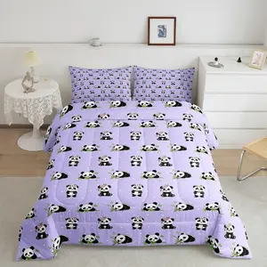 Kawaii Panda Comforter Set,Cute Panda Print Bedding Set,Cartoon Animals Purple Down Comforter All Season,Room Decor,Soft and Breathbale