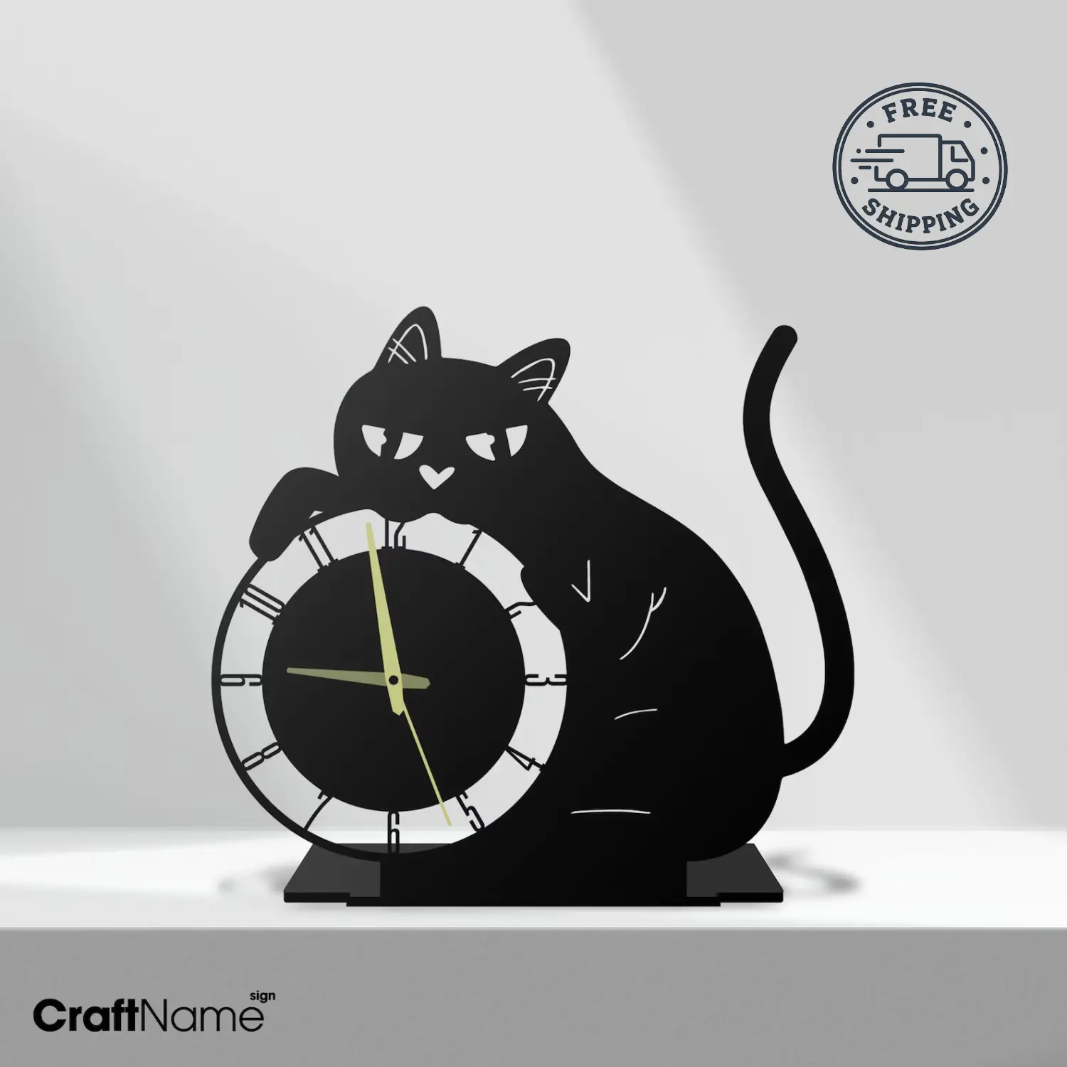 CraftNameSign Black Cat Metal Desk Clock, Cute Cat Table Clock, Silent Quartz Timepiece, Modern Cat Home Decor, Office Desk Accent, Unique Cat Lover Gift, 10-12 Inches