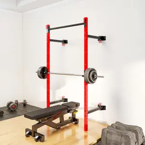 [Fahuac] Soozier Folding Squat Rack with Pull Up Bar, Wall Mounted 1000 lbs Capacity Power Rack, 17-Level Adjustable Barbell Rack, Space Saving for Home Gym Garage, Red