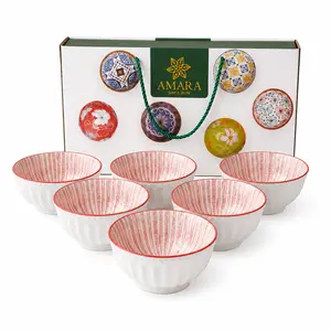 Red Pattern Ceramic Bowls Set of 6, Small Fruit Snack Sauce Dessert Bowls, Glazed Kitchen Dinnerware for Home Dining
