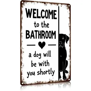 8x12 in Lightweight Tin Sign Artwork - Funny Dog Lover Gift, "Welcome to the Bathroom, A Dog Will Be With You Shortly", Mountable Hanging Metal Wall Plaque, Ideal for Toilet & Bathroom Decor,summervibes