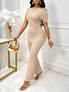 Asymmetric Neckline Ruched Hem Top & Bell Pants Set, Matching Clothing Set, Casual Batwing Sleeve, Regular Fit, Daily Wear