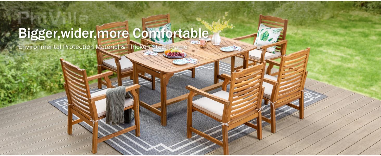 PHI VILLA Acacia Wood Patio Dining Set for 8, Expandable Teak Dining Table & Wooden Chairs with Cushions, Farmhouse Dining Furniture Set for Outdoor Deck, Yard, Porch Home Design Minimal