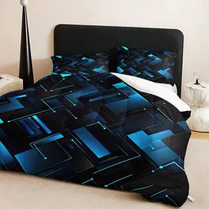 3pcs Blue Sci-Fi Geometric Quilt Cover Set, Home and Dorm Bedroom Decor, (includes 1 Quilt and 2 Pillowcases)