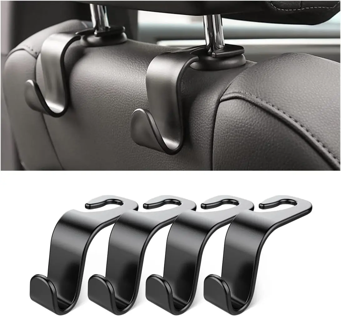 4 Pack Curved Headrest Hooks for Vehicle Seats, Black Style 2