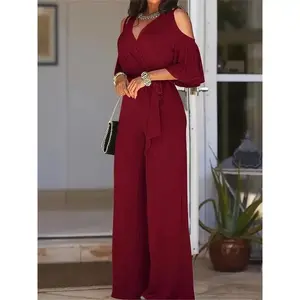 Women'S Elegant V-Neck Strapless Tie-Waist Solid Color Polyester Jumpsuit, All-Season Vacation Style Knit Fabric Wide Leg Romper  Black Long Sleeve