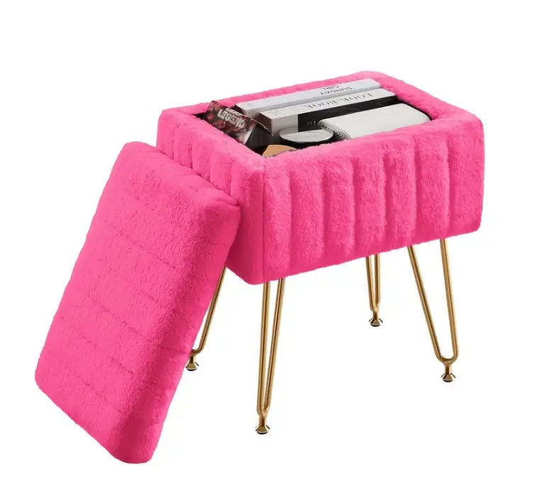 ZUNMOS Ottoman Vanity Stool Chair, with Storage, Modern Style Faux Fur Seat with 4 Metal Legs & Non-slip Feet for Living Room, Bedroom