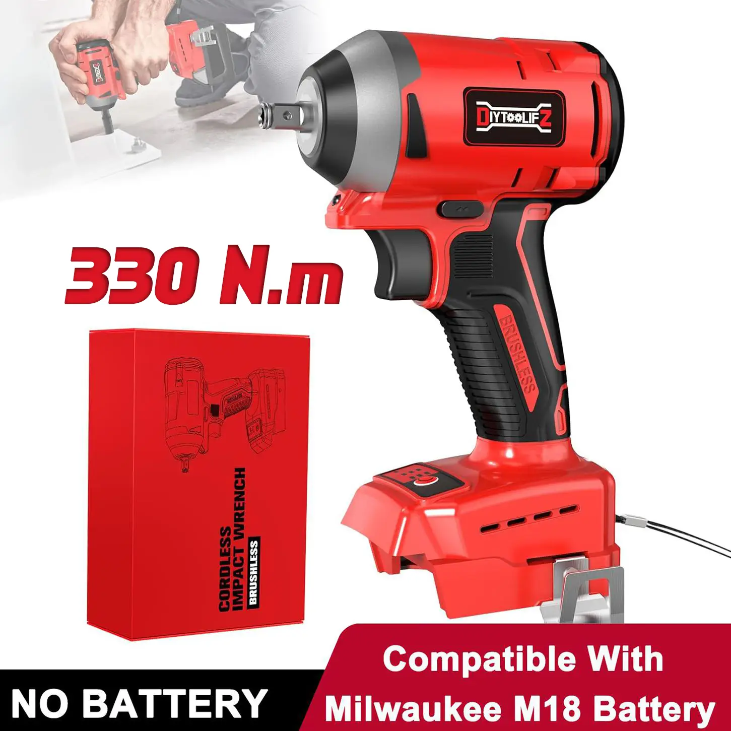 Impact Wrench for Milwaukee M18 Battery (NO BATTERY!!!) 1/2" Impact Driver Gun High Torque 250 ft-lbs (330N.m), Brushless Power Tool with Belt Clip