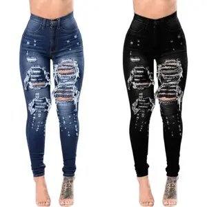 2025 Autumn High Waist Ripped Jeans For Women Fashion Stretch Skinny Denim Pencil Pants Casual Slim Trousers S-3XL Womenswear Blue
