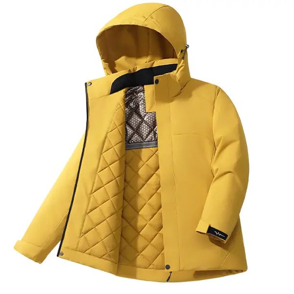 Hooded Yellow Quilted Softshell Jacket with a Fitted Cut, Warm Sporty Outerwear for Layering and Outdoor Activities
