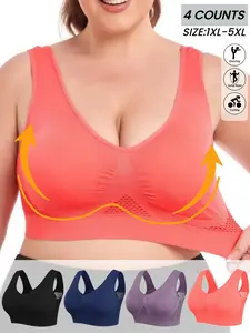 Women's Plus Size Seamless Sports Bra Set, F Cup Sports Bra, Back Breathable Mesh Design, Comfortable Stretch ,Shockproof Bra,Casual Gym Yoga Tank Tops, All Seasons Wear, Wireless Sports Bra, Bra Pack