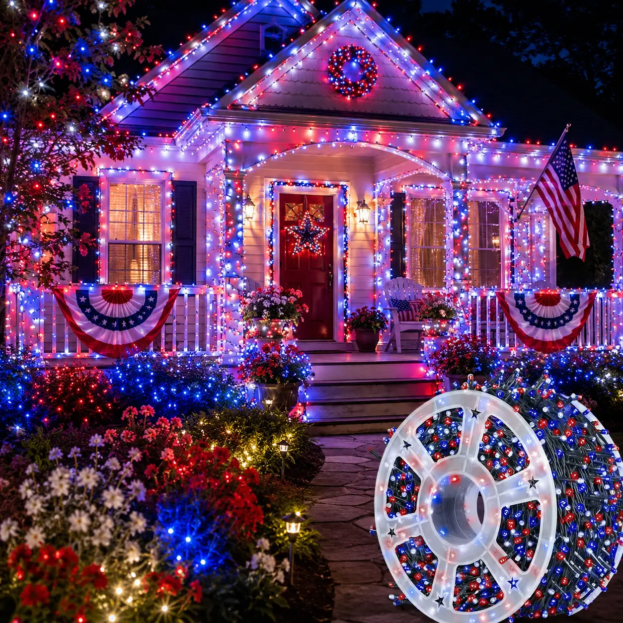 800-LED Solar String Lights, 334.6-Foot Red, White, and Blue Patriotic Fairy Lights (with Remote Control), Waterproof Decorative Lights, Perfect for the 4th of July, Memorial Day, and Porch and Yard Decorations