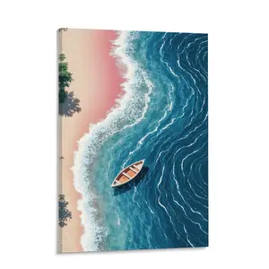 Pink Sand Beach Canvas Wall Art, Ocean Waves and Wooden Boat Poster Canvas Print 12x18 Inch Framed, Coastal Aerial View Seascape Painting, Aesthetic Nature Landscape Bedroom Living Room Decor Gift