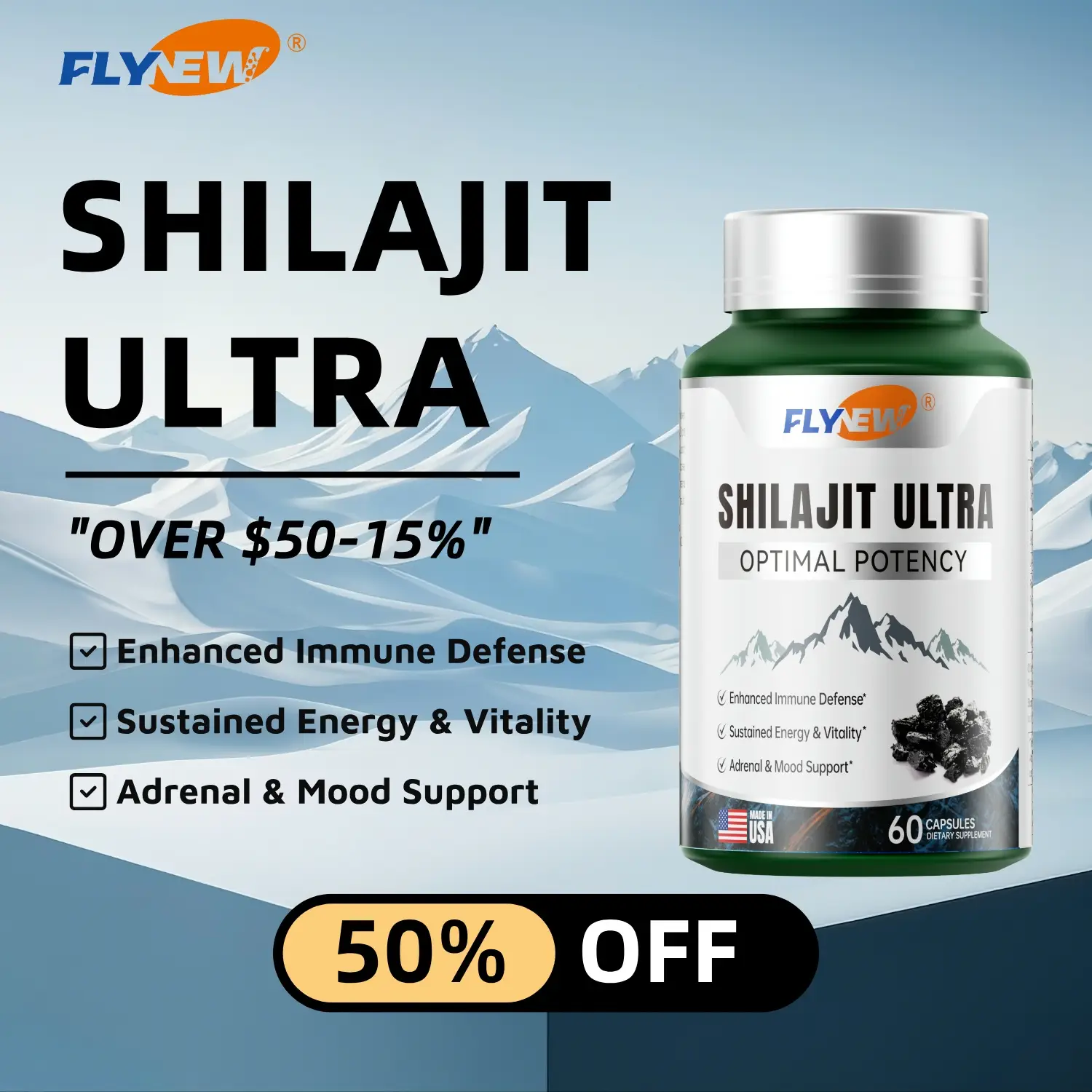 FlyNew Optimal Sh*lajit Ultra 60 Capsules - Made in USA with Essential Minerals for Healthy Aging & Immune System Support - Fulgent Life - Healthcare,