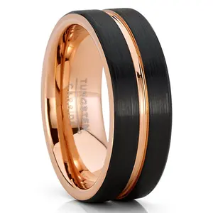 Mens Tungsten Carbide Ring RoseTone Black Grooved Wedding Band  Comfort-fit 8MM