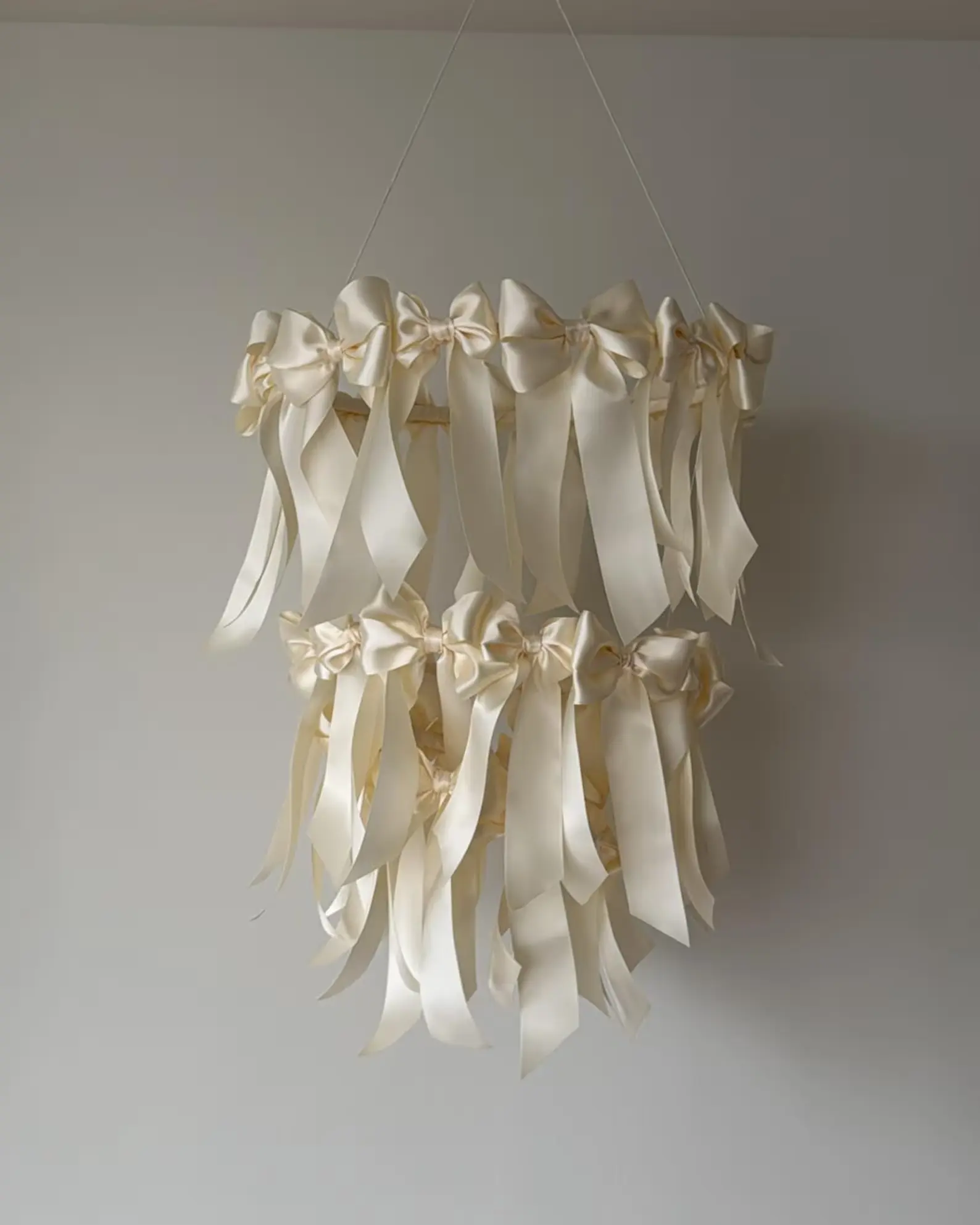 Satin Bow Mobile Chandelier – 3-Tier Hanging Decor for Nurseries, Events, or Showers | Handmade Satin Ribbon Installation