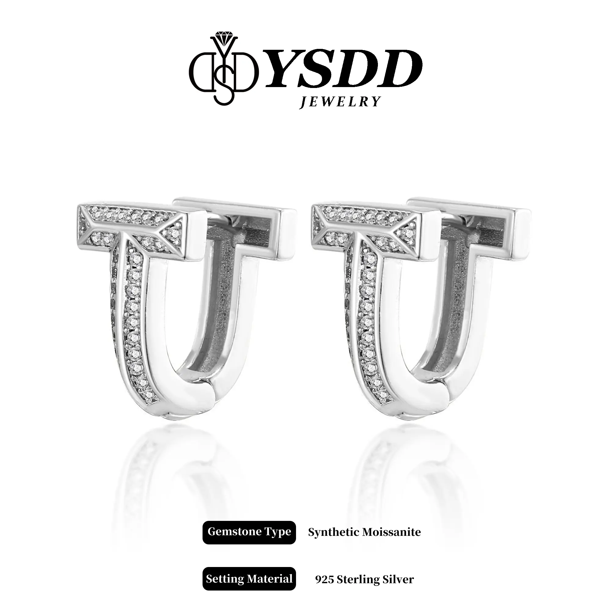【7.4】Double T Huggie Full Moissanite vvs Synthetic Moissanite Earrings in 925 Sterling Silver