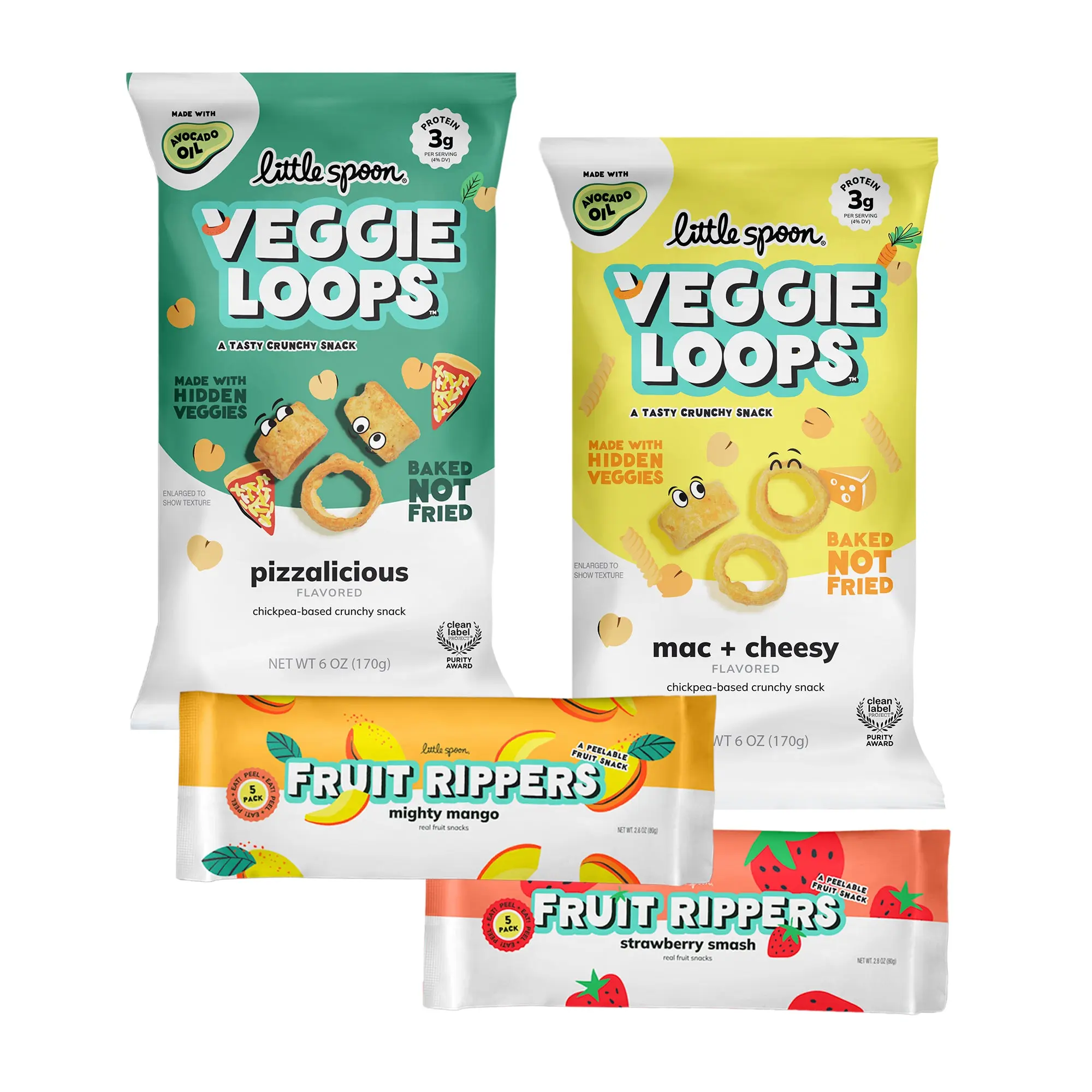 Vegan Plant-Based Gluten-Free Strawberry Fruit Snacks 4-Pack - Loops, Fruit Rippers, Pizzalicious Hidden Veggies Bite-Sized Treats for Kids
