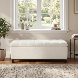 Ottoman Bench with Storage, White Boucle Surface, Rubber Wood Legs, 300 lbs Capacity