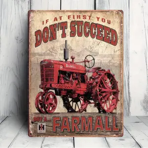 1 Piece Vintage Farmall Tractor Metal Tin Sign "If at First You Don't Succeed, Buy a Farmall" - Men's Garage Wall Art, Weatherproof Rustic Decor with Pre-Drilled Holes, Suitable for Man Cave, Home, Bar, and Farmhouse Decoration, Sturdy and Durable Metal A