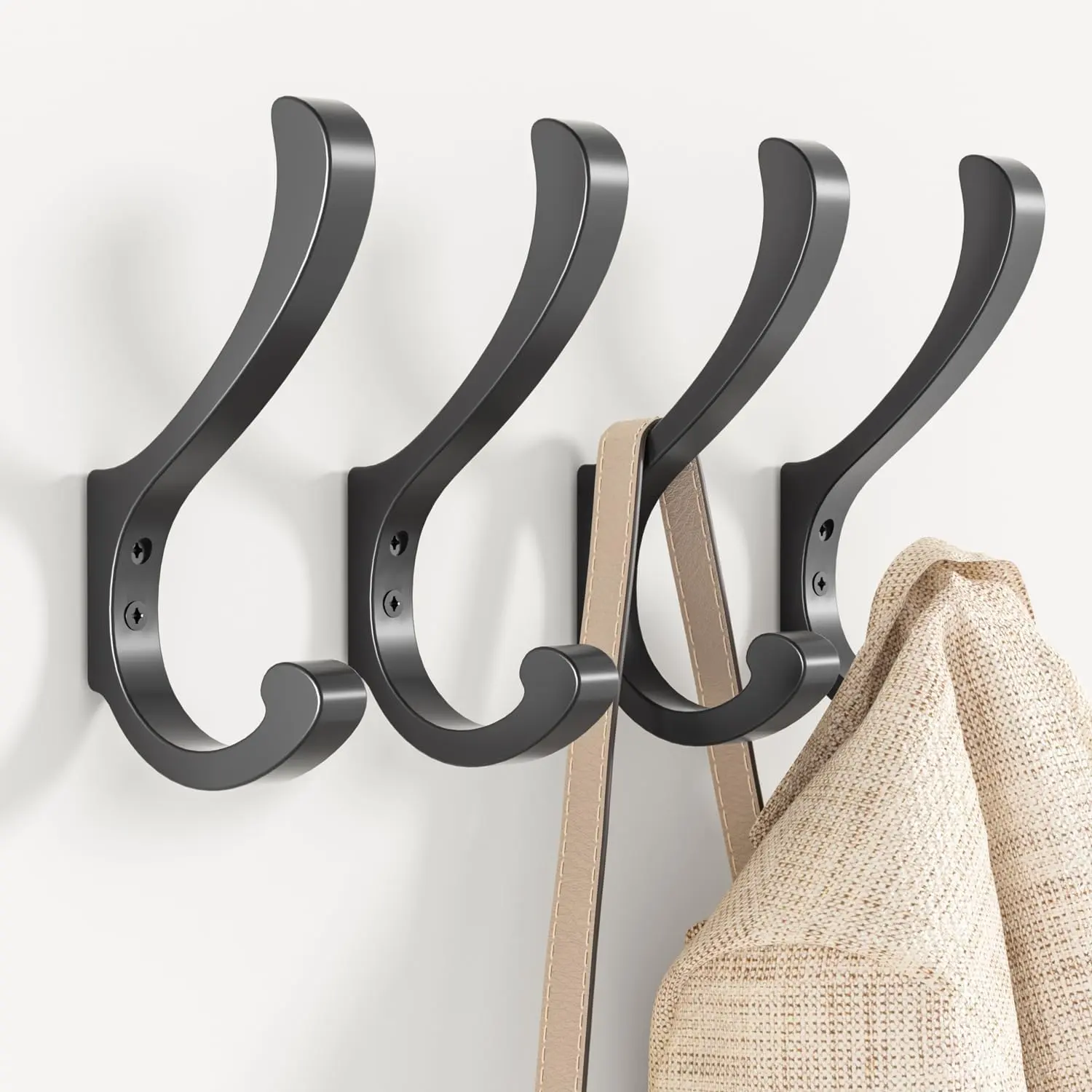 Hanging Coat Hooks Wall Mount - Heavy Duty (30LB), Large Coat Hanger Wall Hangers, Metal Hooks For Hanging Towels, Backpacks, Hats, Jackets, , Bags, Purses, Clothes, Robes,  Leashes (4 Pack)