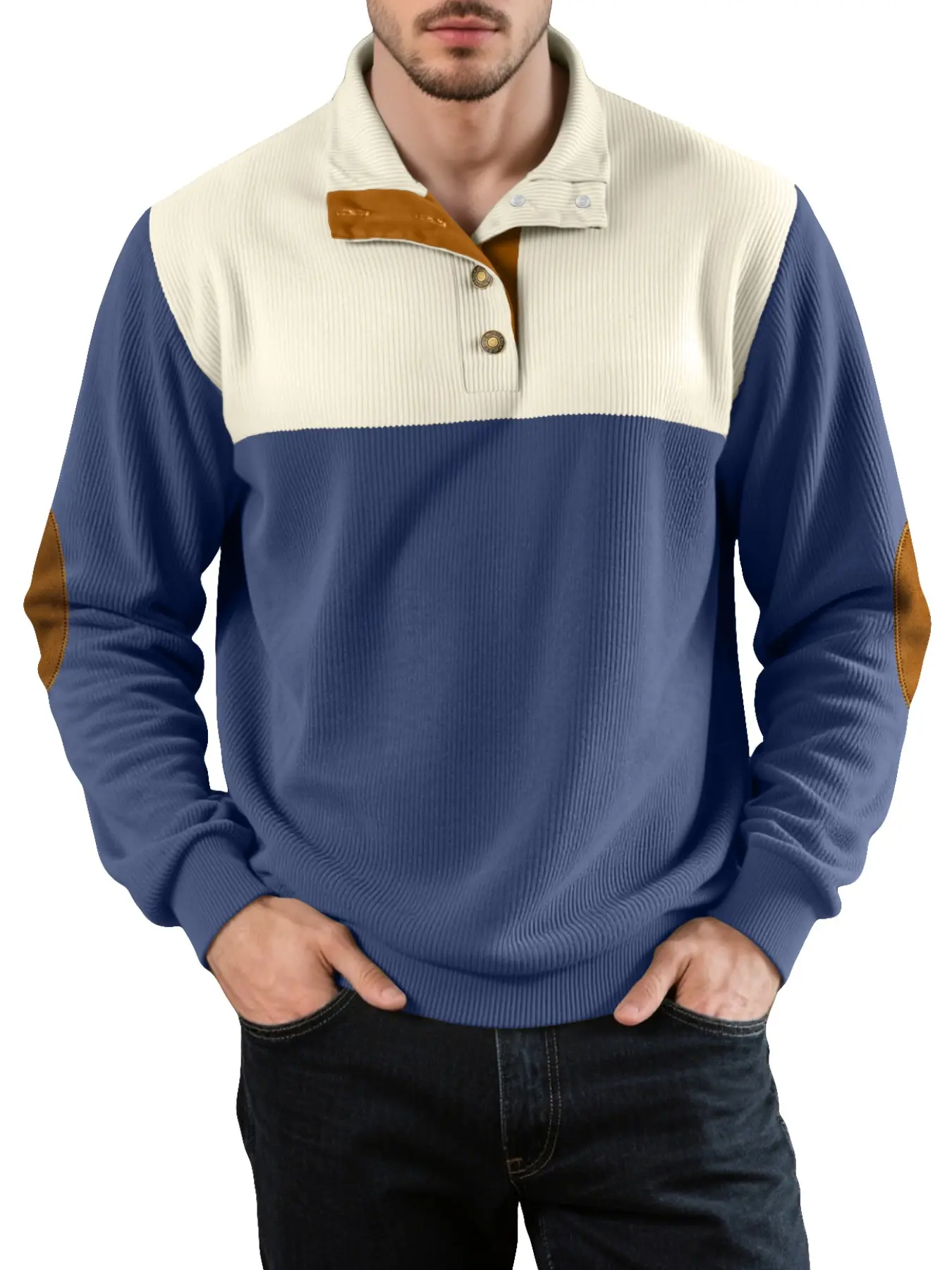 Men's Casual Patchwork Colorblock Corduroy Sweatshirt, Loose-Fit Long Sleeve Pullover for Fall & Winter, Soft Thick Fabric Top