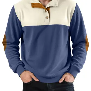 Men's Casual Patchwork Colorblock Corduroy Sweatshirt, Loose-Fit Long Sleeve Pullover for Fall & Winter, Soft Thick Fabric Top