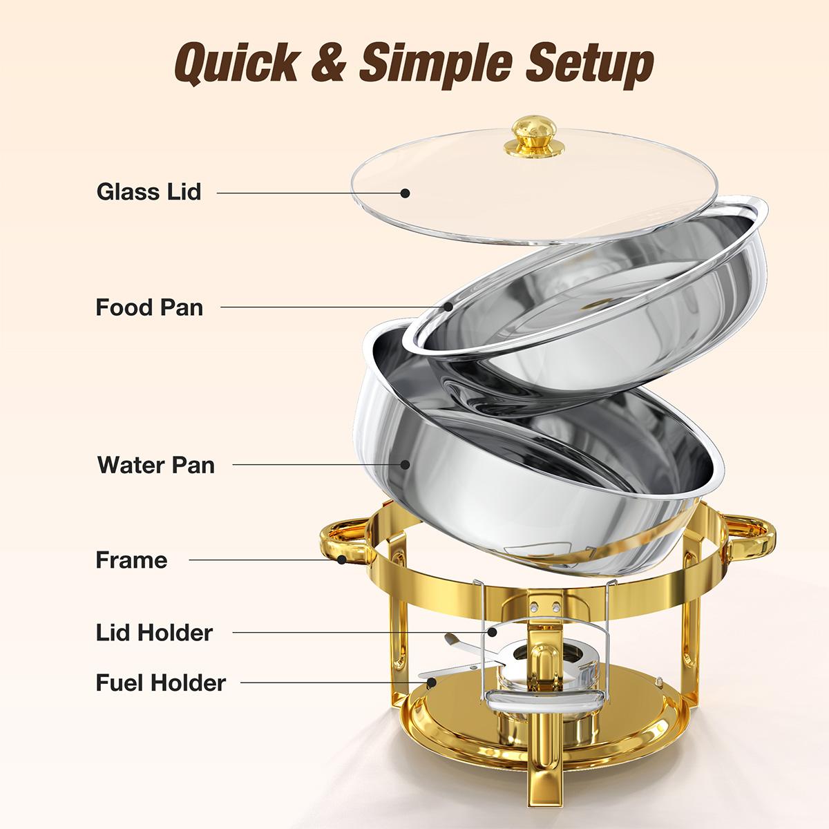 WARMOUNTS 6.5QT Gold Chafing Dishes for Buffet with Glass Lid , Round Chafers and Buffet Warmers Set with Mirror-Polished Stainless Steel, Rolled Rim, Stackable, Lid Holder for Parties, Weddings (2/4/6 Pack）
