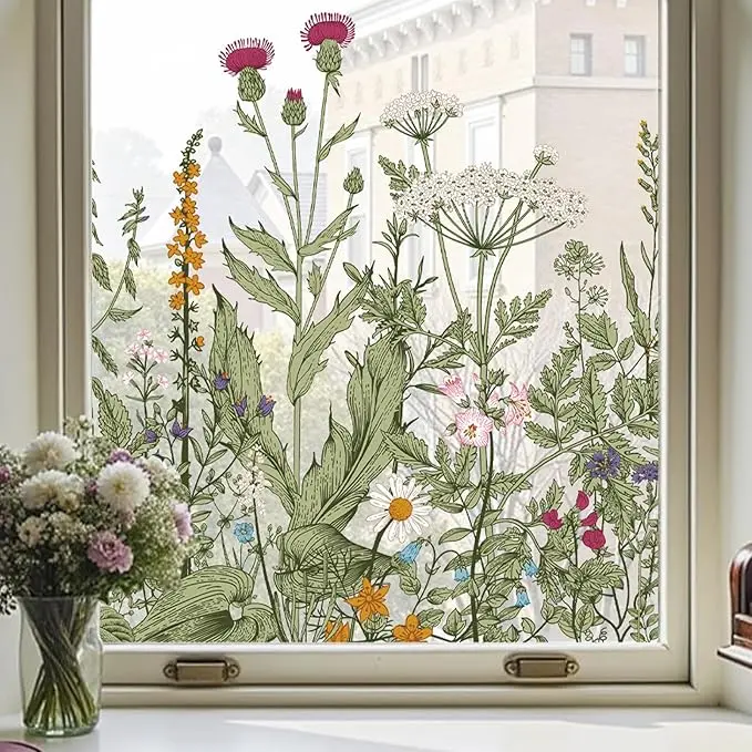 Colorful Floral Static Window Privacy Film - Removable DIY Bouquet Decal, Wildflower Reverie Design, 17.5x78.7in for Home Office Decor Supplies