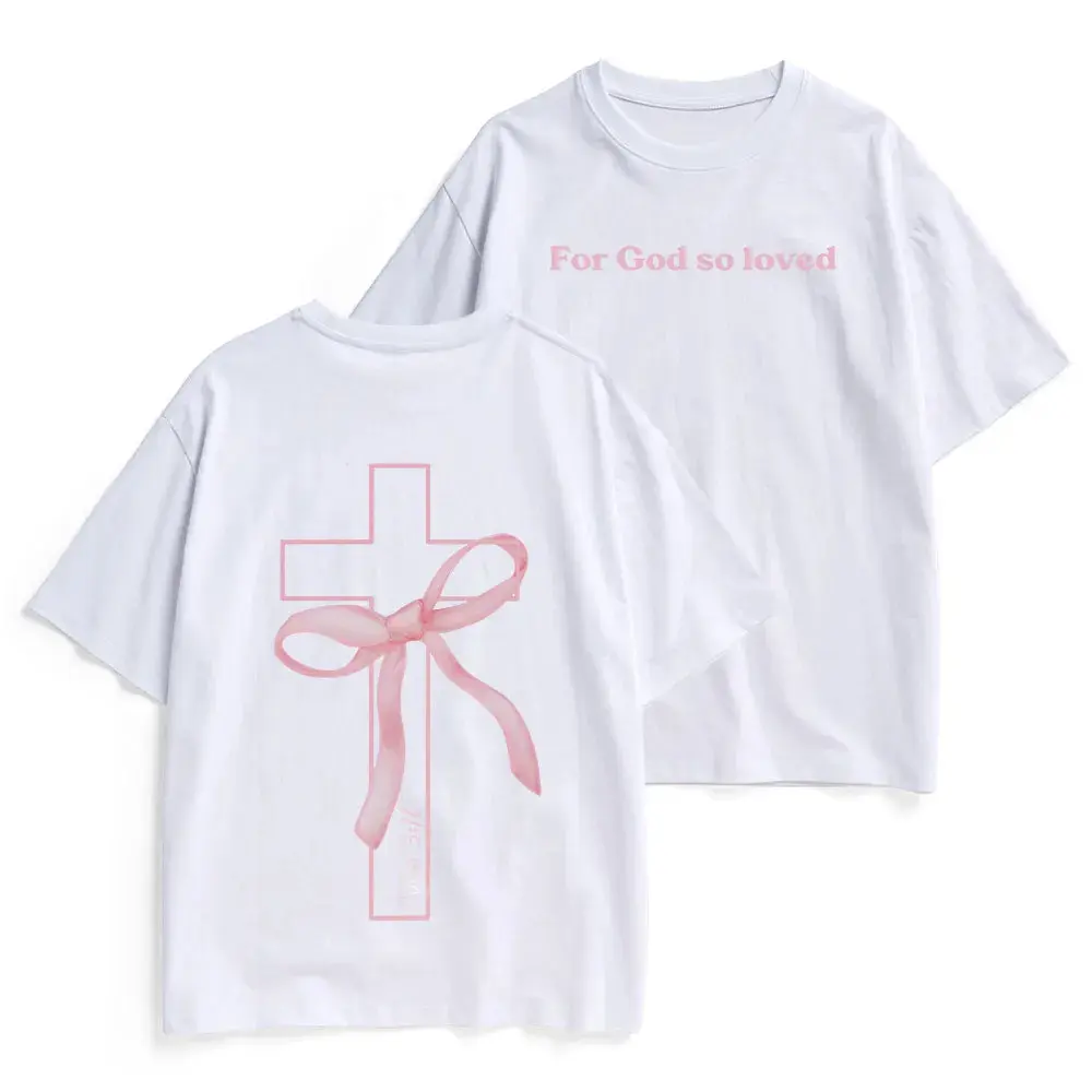 "For God So Loved" Cross & Bow Coquette T-Shirt, Unisex Christian Faith Wear, Bible Verse Gift