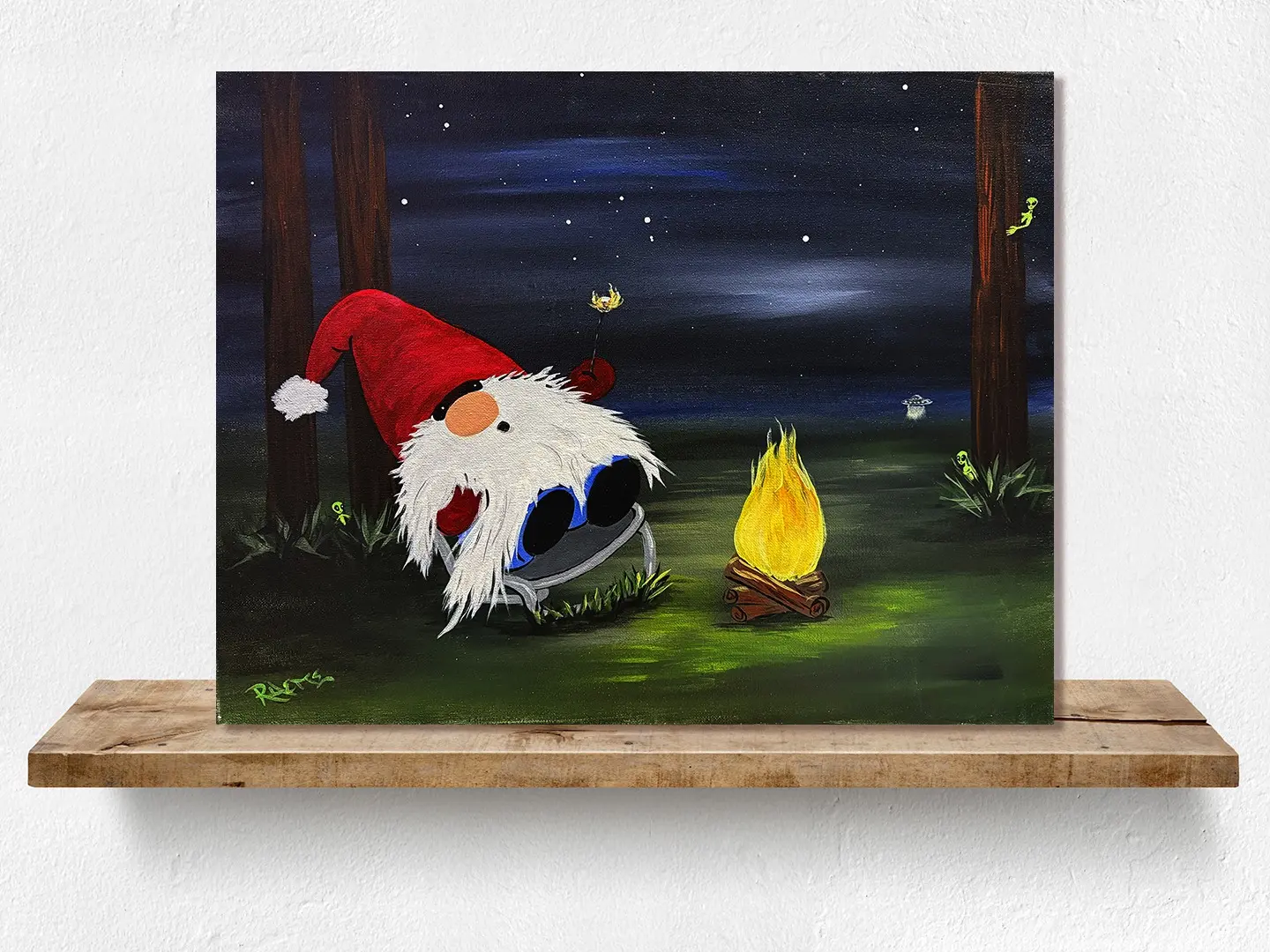 Camping Gnome with Aliens - Original Acrylic Painting by Raette 16"x20" Unframed, Hanging Wire Attached for Easy Hanging Summertime Whimsical