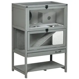 PawHut Wooden Hamster Cage with Storage Shelf, Large Hamster Cage Including Seesaw, Small Animal Cage with Sliding Tray, Wide Ramp for Racing, Running Wheel, 35.5" H