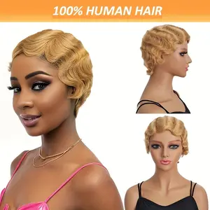 Wholesale 2025 NEW Honey Gold Finger Wavy Wig Pixie Cut Wig Human Hair Wigs For Women, Blonde Color Short Mommy Wavy Wigs Lady Nuna Wig Full Machine Made Human Hair Wigs, Cosplay Costume Halloween Party Daily Use