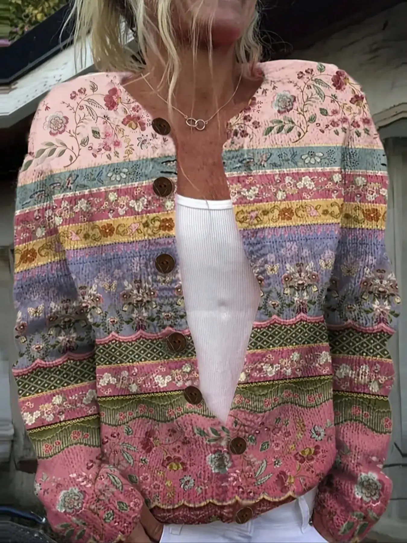 Women's Floral Patchwork Stripe Open Front Knitwear Cardigan, Aesthetic Casual Knitwear, Vintage Round Neck Button Sweater, Bohemian Stitched Pattern Coat, Casual Long Sleeve Top, Fit, Knitting
