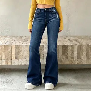 Women's Dark Wash Vintage-Inspired High-Stretch Ripped Distressed Blue Denim Jeans - Mid-Rise, Skinny Bootcut, Slash Pockets, Comfort Fit, Womenswear Bottom For All Seasons