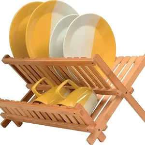 Bamboo Dish Drying Rack - Collapsible 2-Tier Dish Drainer Kitchen Plate Rack for Kitchen Countertop - Foldable & Compact for Space-Saving Storage