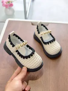 Elegant Girls' Lace Pearl Decorated Textured Synthetic Leather Anti-Slip Round Toe Low Top Velcro Soft Sole Flats Spring Autumn Party Casual Wear