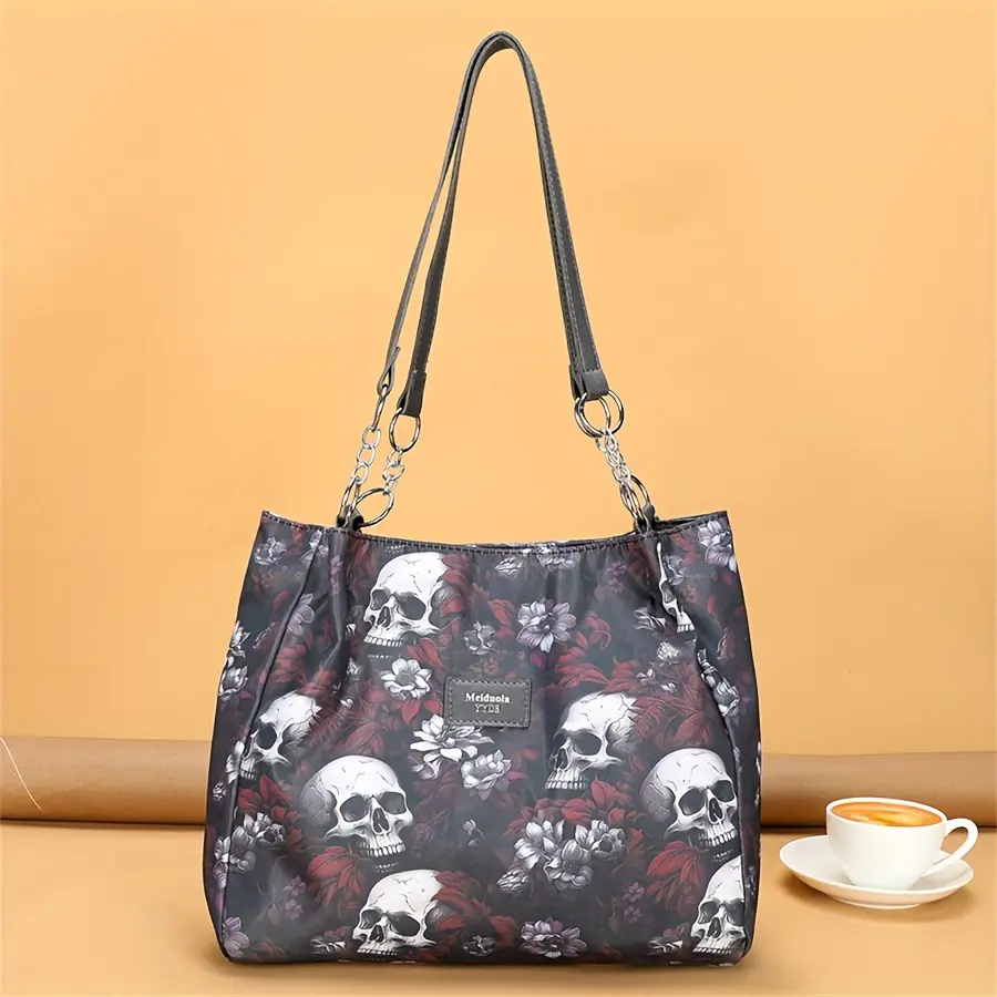 Punk Floral Skull Print Tote Bag for Women in Water-Repellent Oxford Fabric, Large Capacity Casual Commuter Bag for Work & Travel, Bull Skull Print Women's Tote Bags