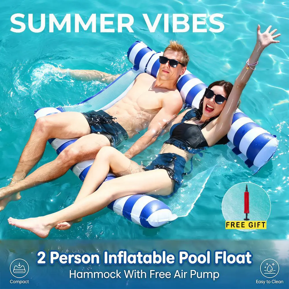 1-Piece Inflatable Double Adult Pool Float Boat with Cooling Hammock Seat & Free Air Pump, Pool Floats for Adults for Backyard Summer Gatherings