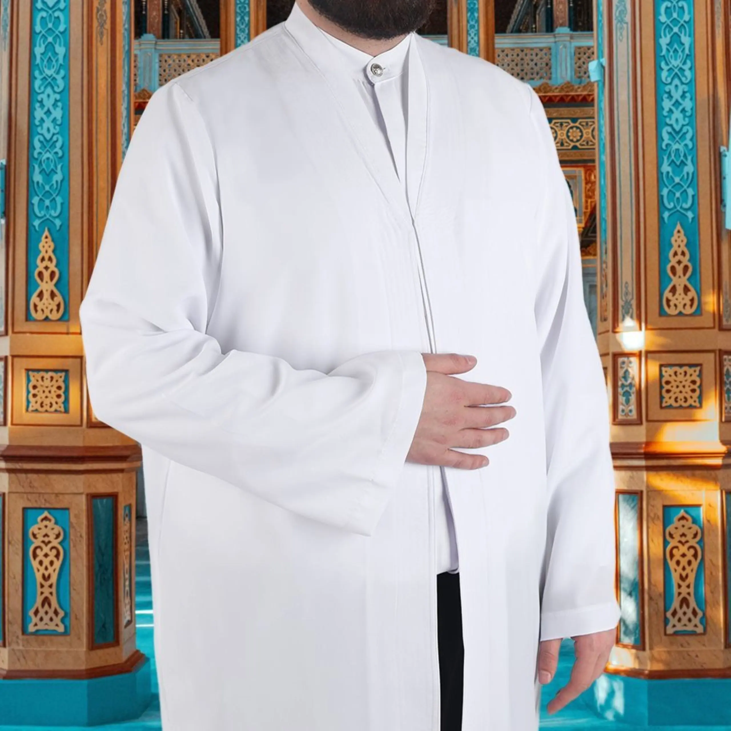 Men's Saudi Style Long-Sleeve Formal Thobe - Traditional Arabic Prayer Robe for Imams, Elegant Embroidery, Wrinkle-Resistant Thick Woven Fabric, Refined Look, Meaningful Gift, Traditional Arabic Robe, Long Sleeve Shirt, All Seasons, Loose, Floor Length, P