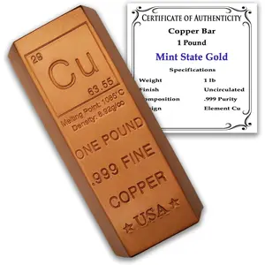 1 Pound Copper Bar Ingot Paperweight - 999 Pure Chemistry Element Design with Certificate of Authenticity