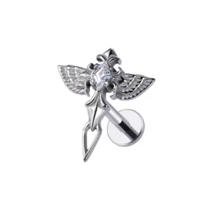 Internally Threaded CZ Crystal Winged Cross Flat Back Stud - ASTM F-136 Implant Grade Titanium