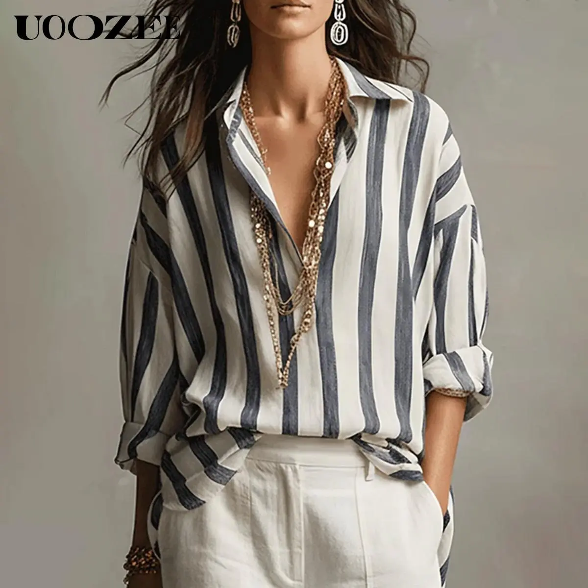 UOOZEE Women's Preppy Striped Blouse, Oversized Long Sleeve Popover in Lightweight Polyester Fabric, Comfy Business Casual Top for Office, Plus Size, Shirt, Plus Size Tops, Trendy Blouses, Blouses For Women, Layering Outfits