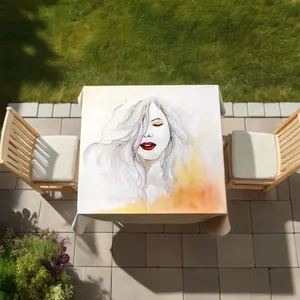 360 stand Stainproof Square Tablecloth, 58x58 in, Woman with Red Lips-Orange Beauty Design, Washable Weather Resistant Cover for Patio Dining, Outdoor Dining, Home Decor & Kitchen Linens, Patio Dining Table, Washable Table Cover