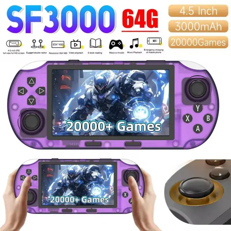 Sf3000hd Retro Compact Video Game Console, 4.5in Handheld Gaming Console with HD Cable TV Output, USB Charging, Long Battery Life, Purple
