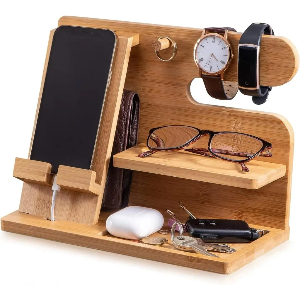 Bamboo Phone Dock & Valet Tray Organizer for Wallet, Keys, Watch, Glasses